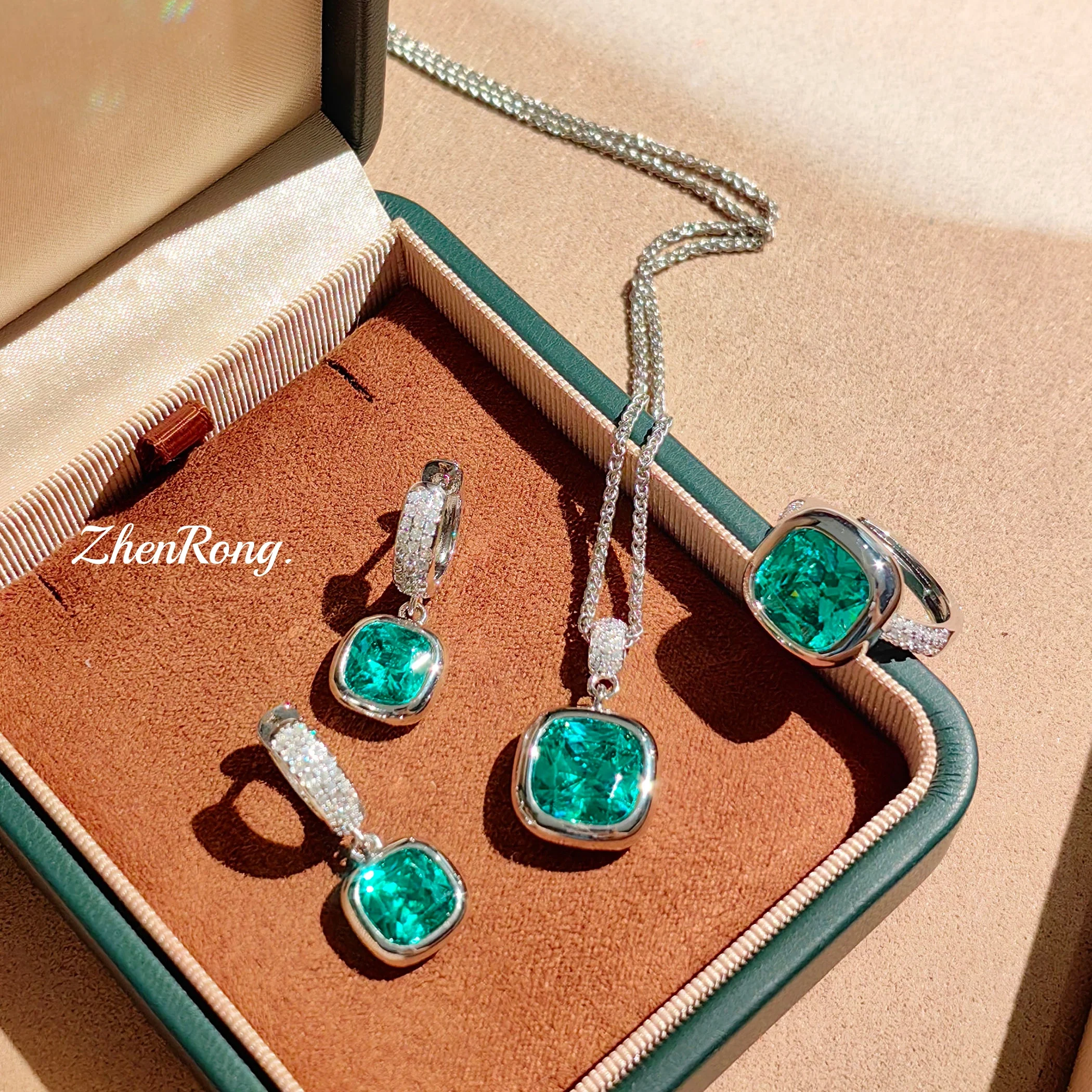 French Romantic Compact Paraiba Small Square Earrings Square Sugar Sea Blue Necklace Fat Square Mary Red Ring Female