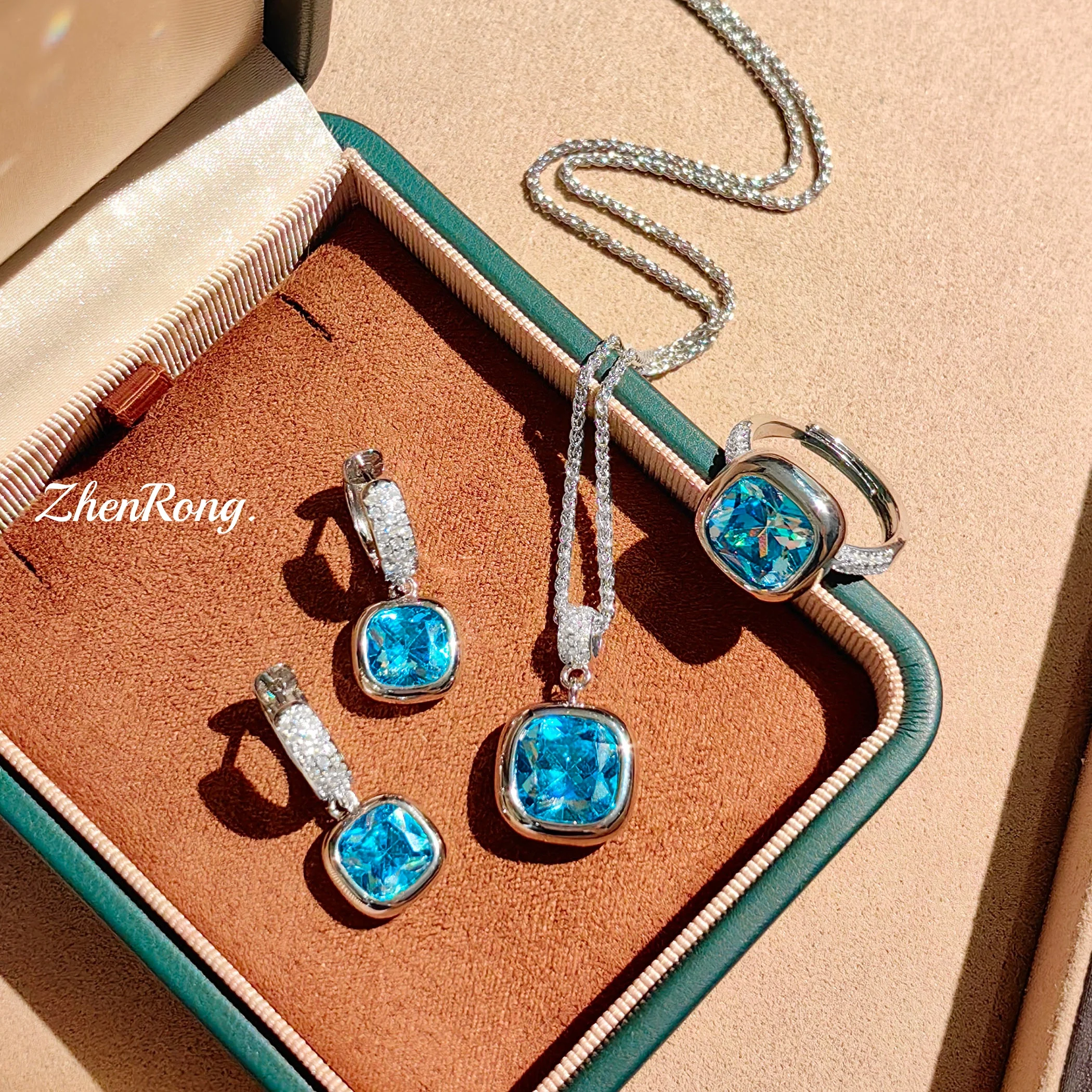 French Romantic Compact Paraiba Small Square Earrings Square Sugar Sea Blue Necklace Fat Square Mary Red Ring Female