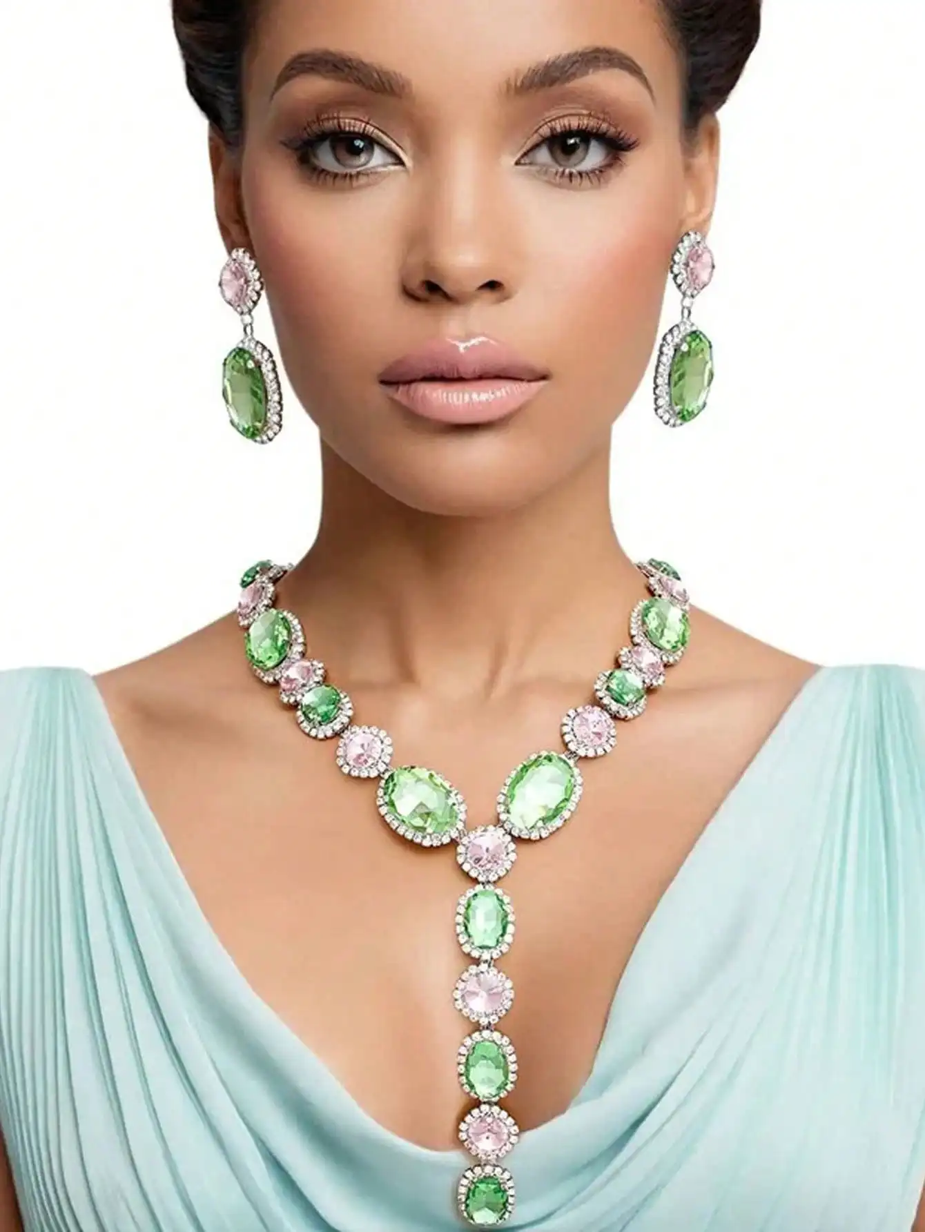 2026 New Product Exaggerated Tassel Necklace Earring Set with European and American Luxury Y-shaped Water Diamond Chain