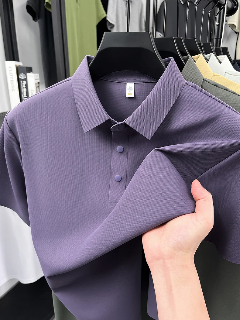High quality ice silk short sleeve polo shirt men's classic solid color summer breathable business casual T-shirt new luxury top