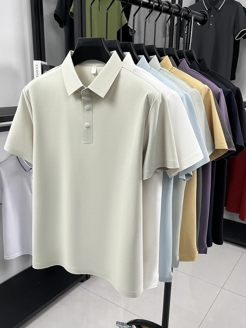 High quality ice silk short sleeve polo shirt men's classic solid color summer breathable business casual T-shirt new luxury top