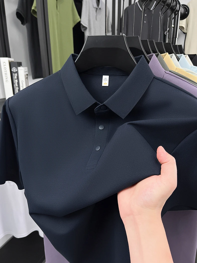 High quality ice silk short sleeve polo shirt men's classic solid color summer breathable business casual T-shirt new luxury top