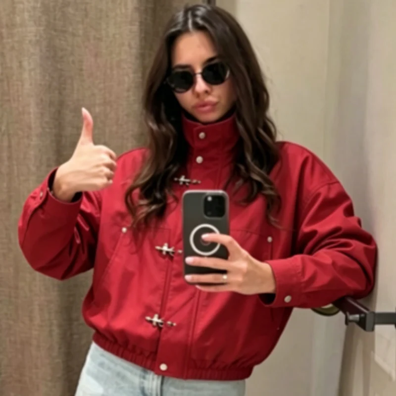 HXAO Red Loose Cropped Coat Women's Jacket Autumn 2026 Fashion Unisex Button Zip O-Neck Long Sleeve Tops Streetwear Outerwears