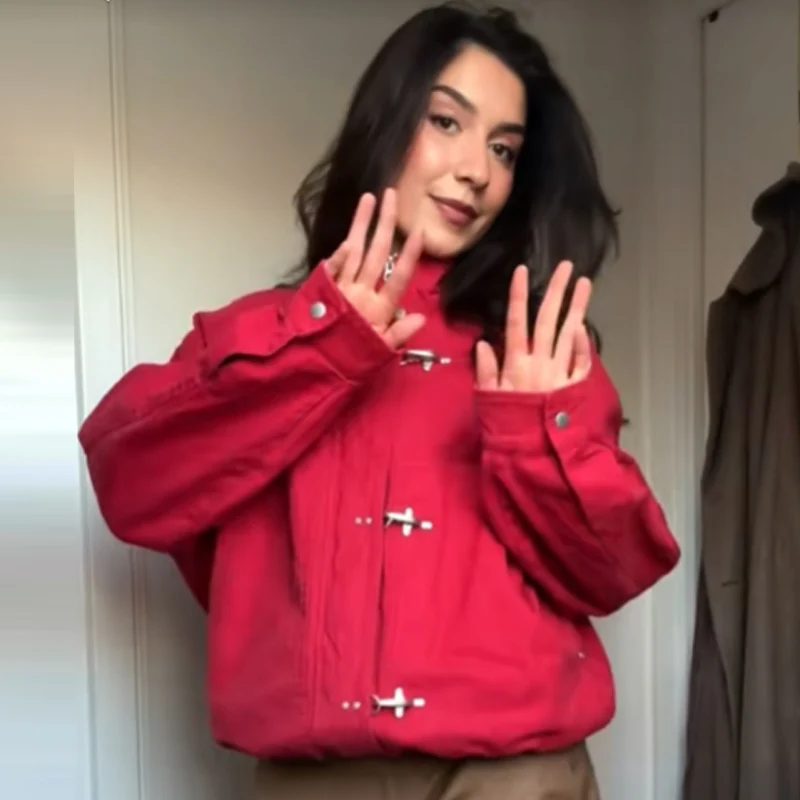 HXAO Red Loose Cropped Coat Women's Jacket Autumn 2026 Fashion Unisex Button Zip O-Neck Long Sleeve Tops Streetwear Outerwears