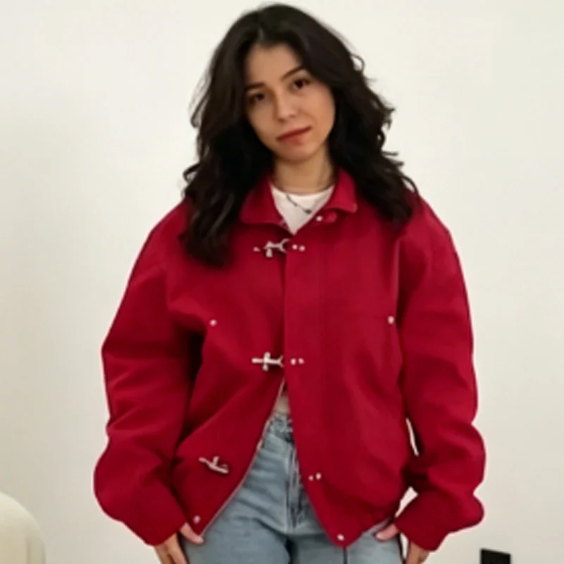 HXAO Red Loose Cropped Coat Women's Jacket Autumn 2026 Fashion Unisex Button Zip O-Neck Long Sleeve Tops Streetwear Outerwears