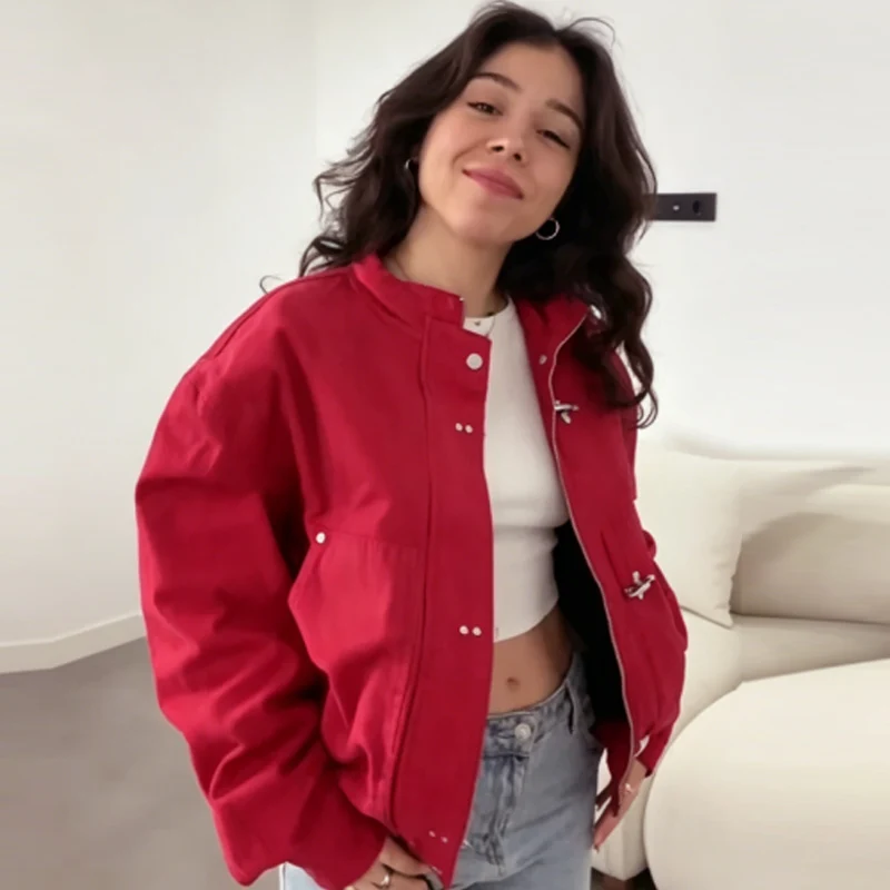 HXAO Red Loose Cropped Coat Women's Jacket Autumn 2026 Fashion Unisex Button Zip O-Neck Long Sleeve Tops Streetwear Outerwears
