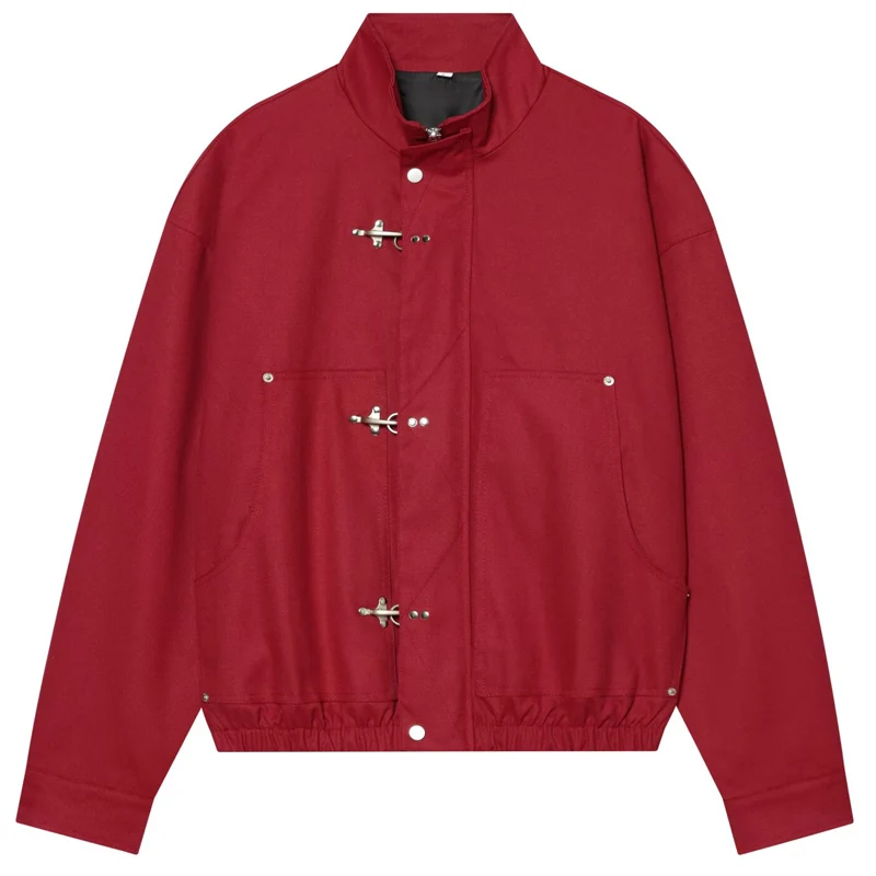 HXAO Red Loose Cropped Coat Women's Jacket Autumn 2026 Fashion Unisex Button Zip O-Neck Long Sleeve Tops Streetwear Outerwears