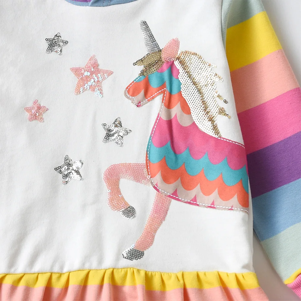 VIKITA Girls Unicorn Hoodies Dress Kids Rainbow Striped Soft Cotton Comfortable Casual Straight Ruffle Spring Autumn Casual Wear