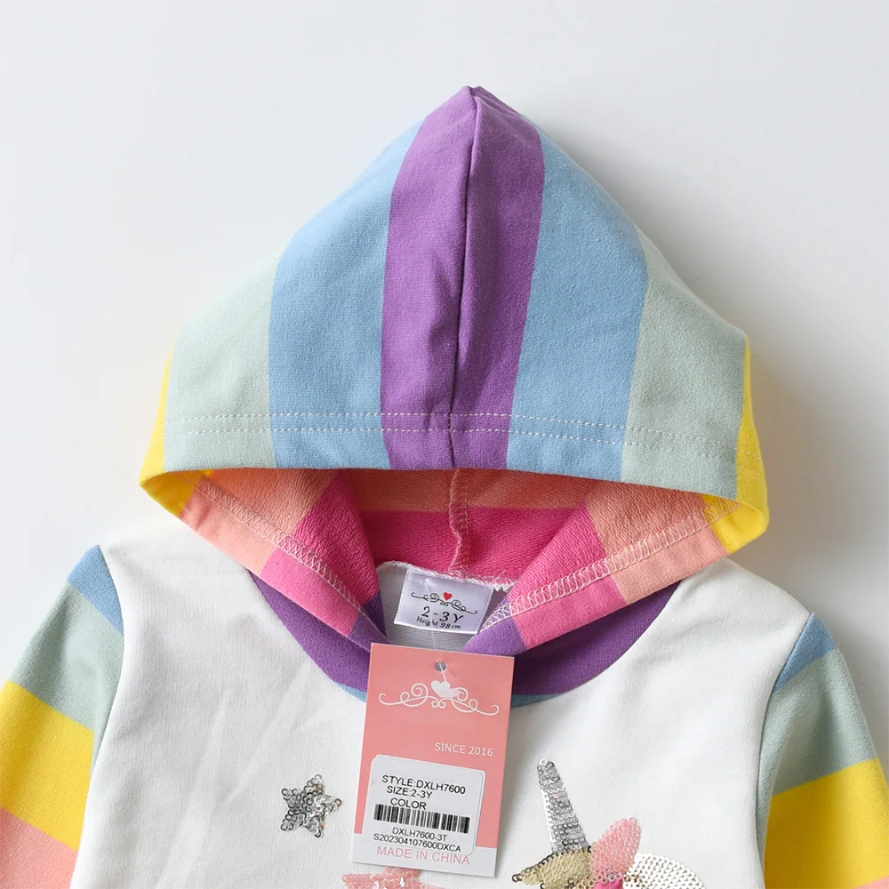 VIKITA Girls Unicorn Hoodies Dress Kids Rainbow Striped Soft Cotton Comfortable Casual Straight Ruffle Spring Autumn Casual Wear