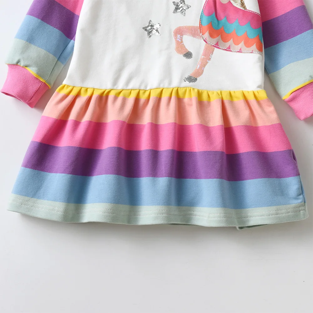 VIKITA Girls Unicorn Hoodies Dress Kids Rainbow Striped Soft Cotton Comfortable Casual Straight Ruffle Spring Autumn Casual Wear