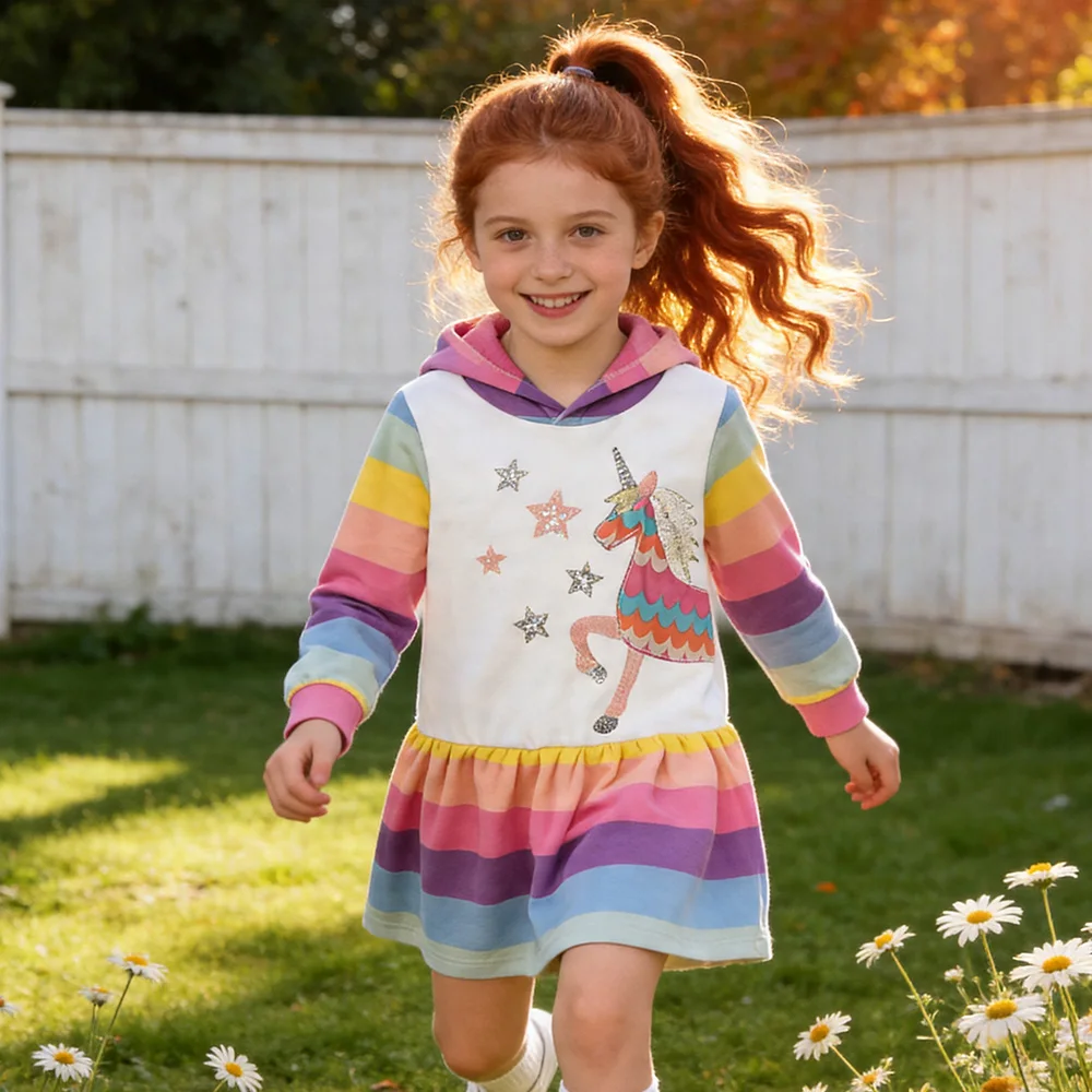 VIKITA Girls Unicorn Hoodies Dress Kids Rainbow Striped Soft Cotton Comfortable Casual Straight Ruffle Spring Autumn Casual Wear