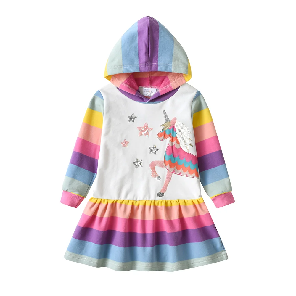 VIKITA Girls Unicorn Hoodies Dress Kids Rainbow Striped Soft Cotton Comfortable Casual Straight Ruffle Spring Autumn Casual Wear