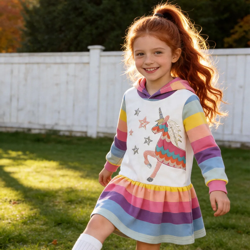 VIKITA Girls Unicorn Hoodies Dress Kids Rainbow Striped Soft Cotton Comfortable Casual Straight Ruffle Spring Autumn Casual Wear