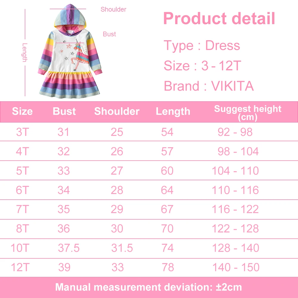 VIKITA Girls Unicorn Hoodies Dress Kids Rainbow Striped Soft Cotton Comfortable Casual Straight Ruffle Spring Autumn Casual Wear