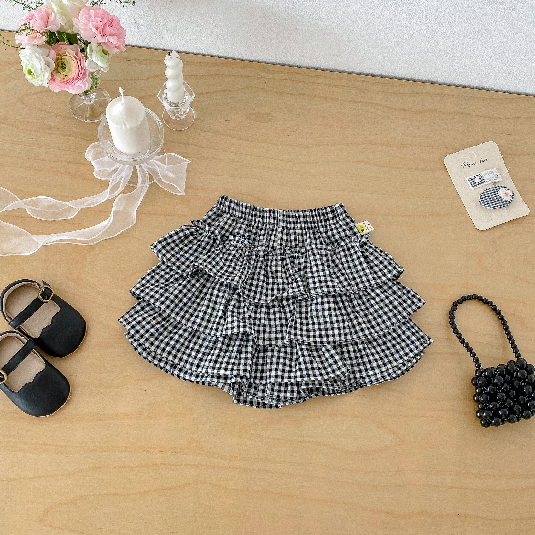 Korean-style New Summer Infant and Toddler Sweet Princess Forest Cake Pleated Skirt Check Half Skirt Versatile Dress Pants