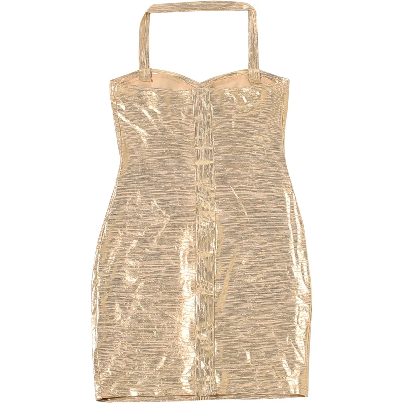 Weird Puss Sexy Bright Silk Dress Women Hottie Wild Square Collar Halter Patchwork Sleeveless Trend Club Party Peach Hip Bodycon