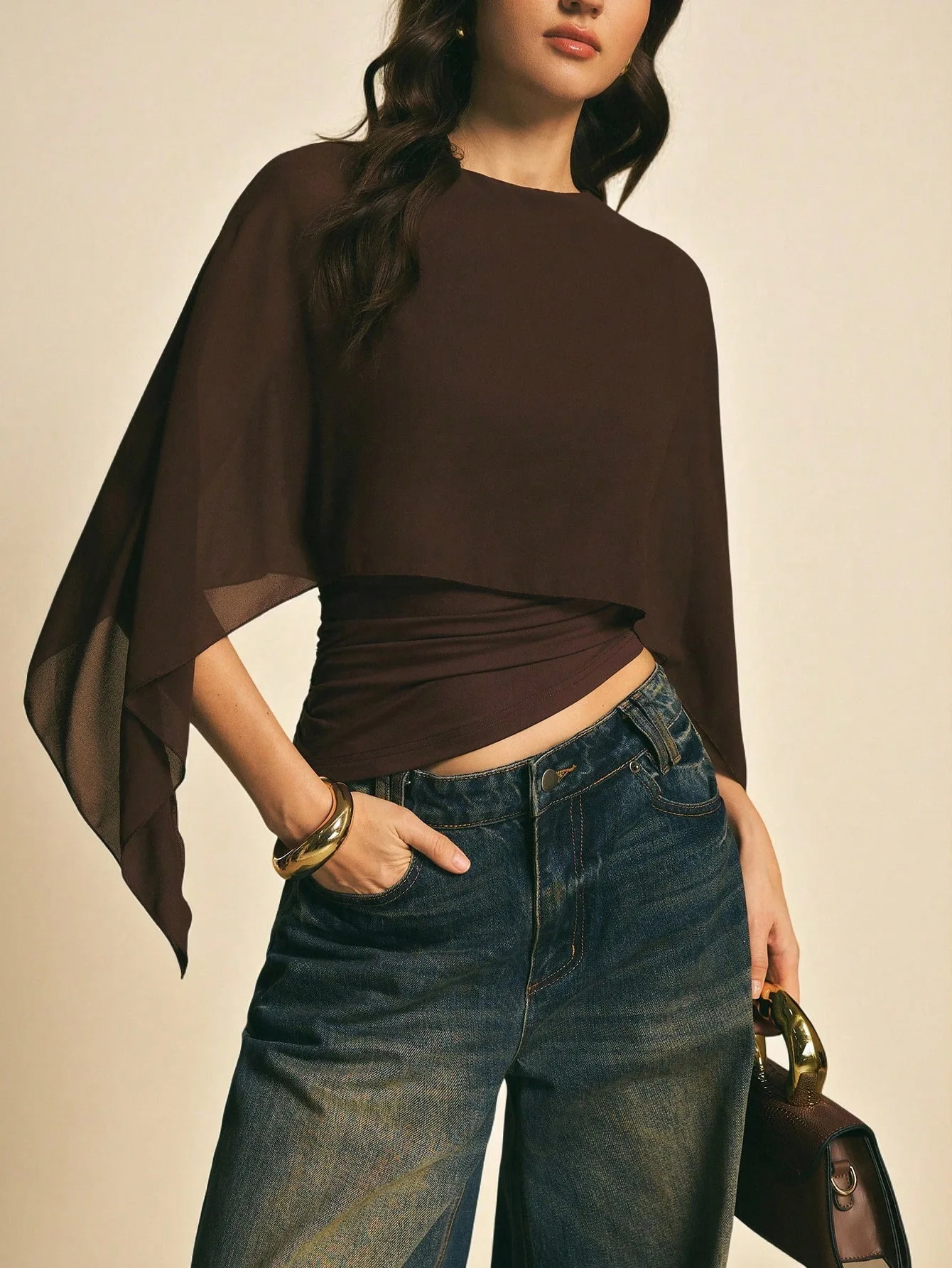 2026 Fashion Elegant Cape Sleeve Ruched Top Sheer Overlay Casual Solid Color Blouse Y2k Hot Girl Ruched Waist Slim Fit Shirts