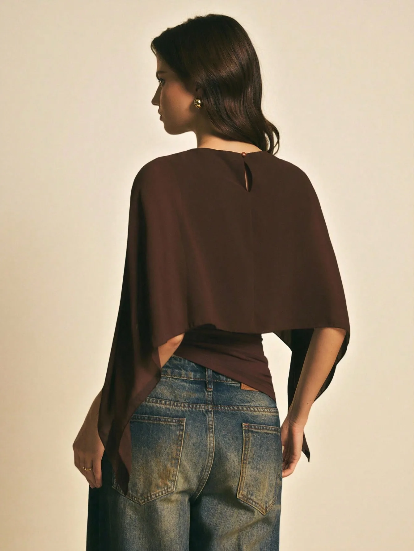 2026 Fashion Elegant Cape Sleeve Ruched Top Sheer Overlay Casual Solid Color Blouse Y2k Hot Girl Ruched Waist Slim Fit Shirts