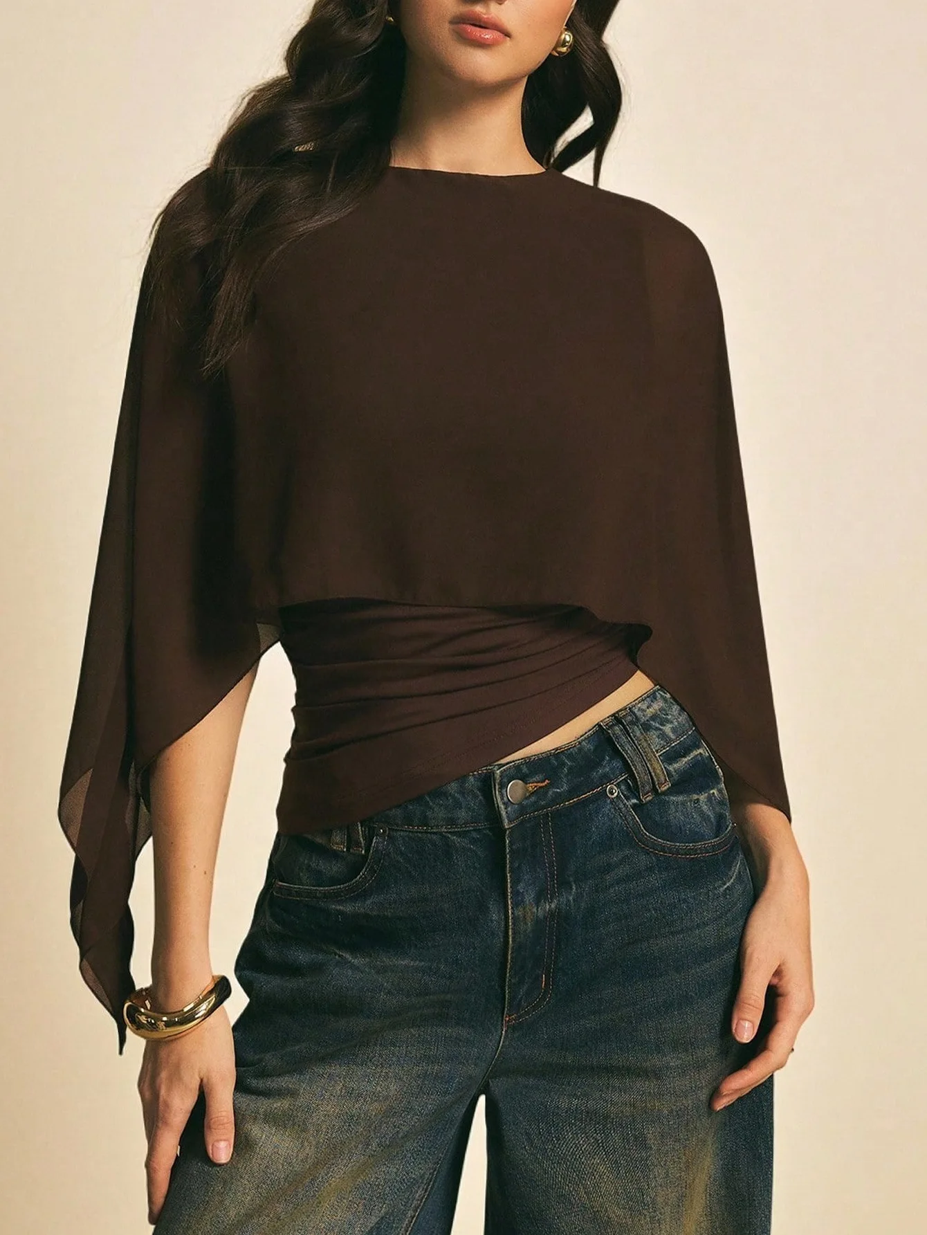 2026 Fashion Elegant Cape Sleeve Ruched Top Sheer Overlay Casual Solid Color Blouse Y2k Hot Girl Ruched Waist Slim Fit Shirts