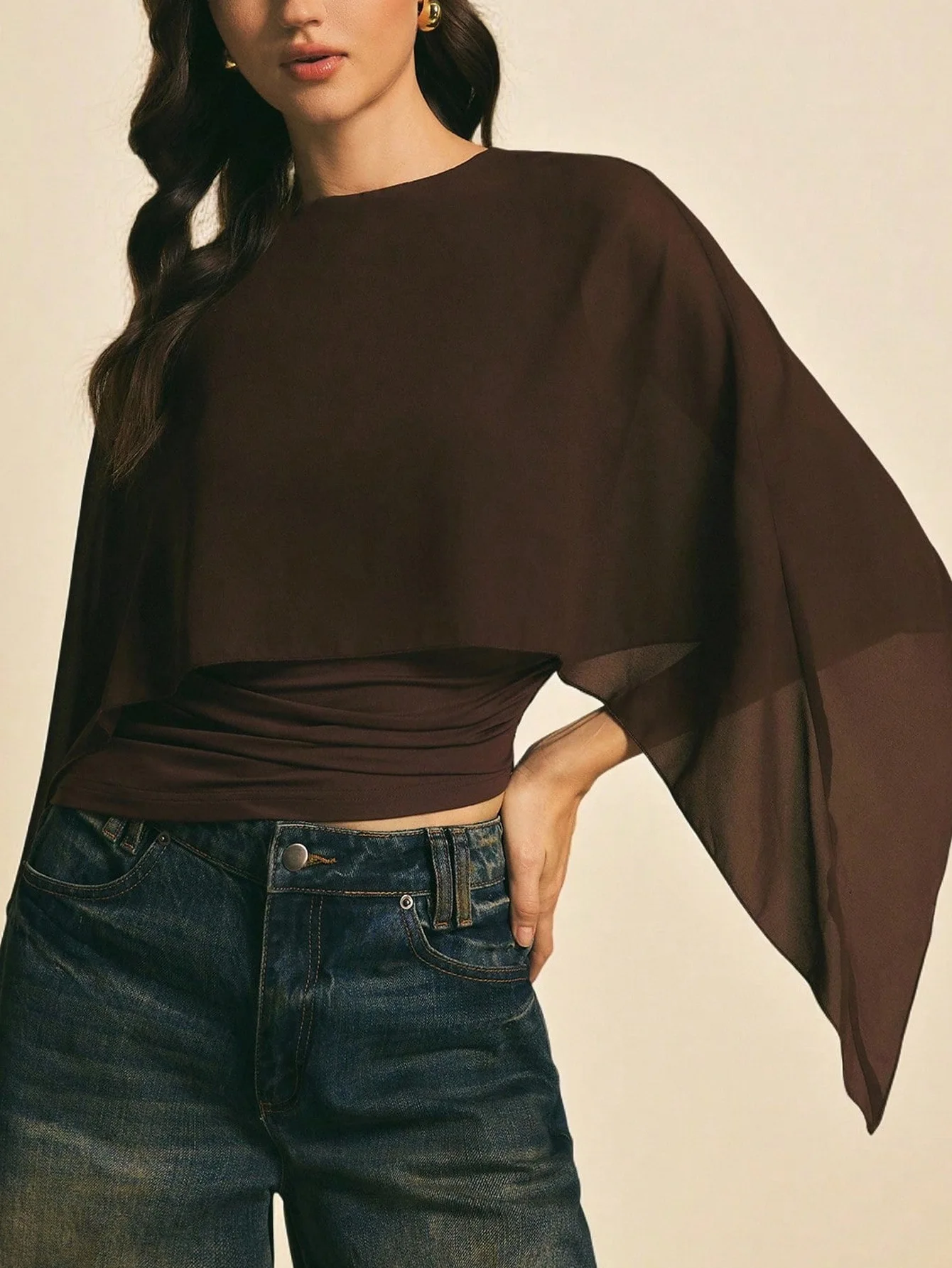 2026 Fashion Elegant Cape Sleeve Ruched Top Sheer Overlay Casual Solid Color Blouse Y2k Hot Girl Ruched Waist Slim Fit Shirts