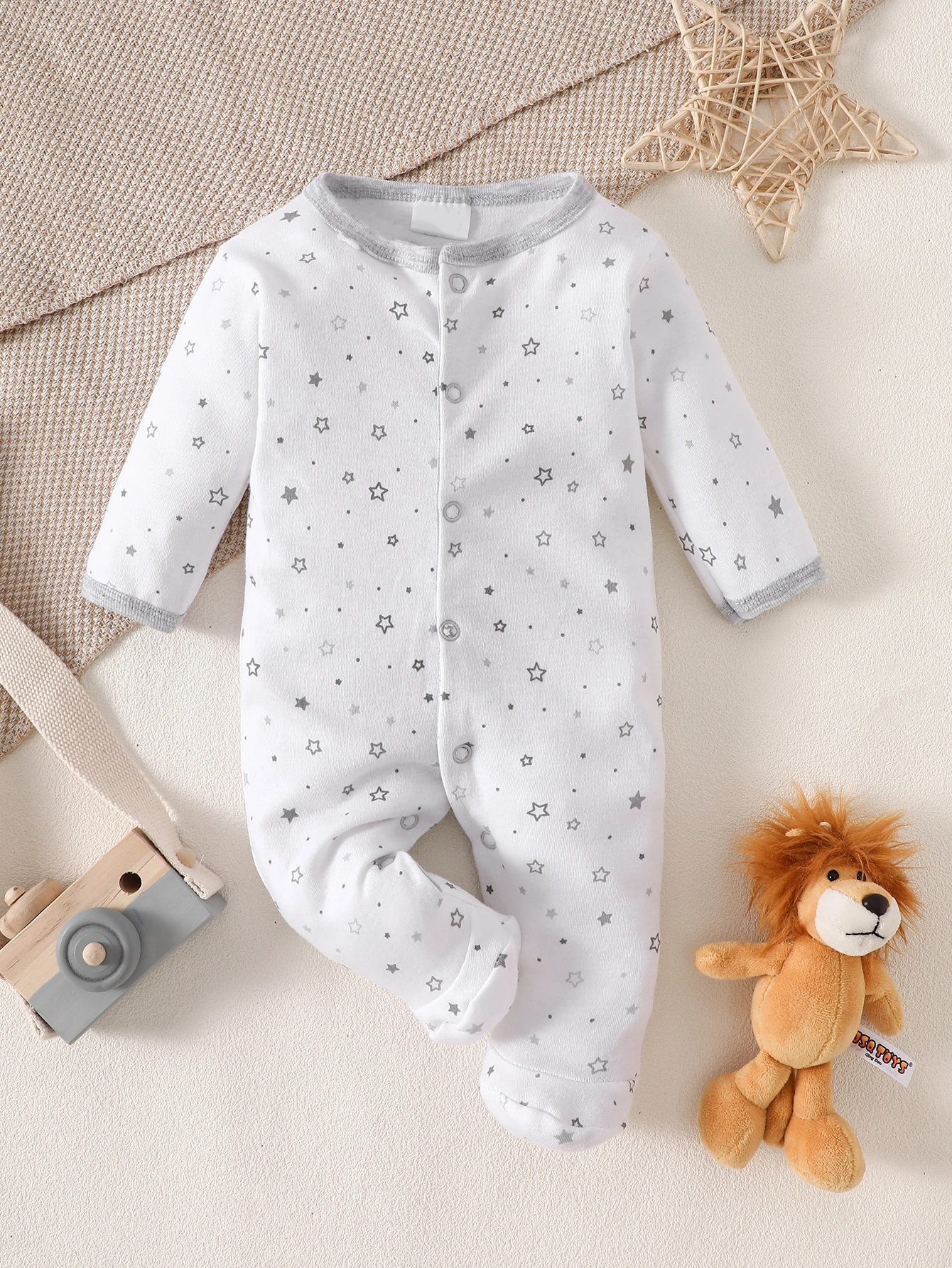 8-Piece Newborn Romper Set | 100% Cotton, Soft & Breathable | Gray Cartoon Star Design | For 0-9 Months Babies