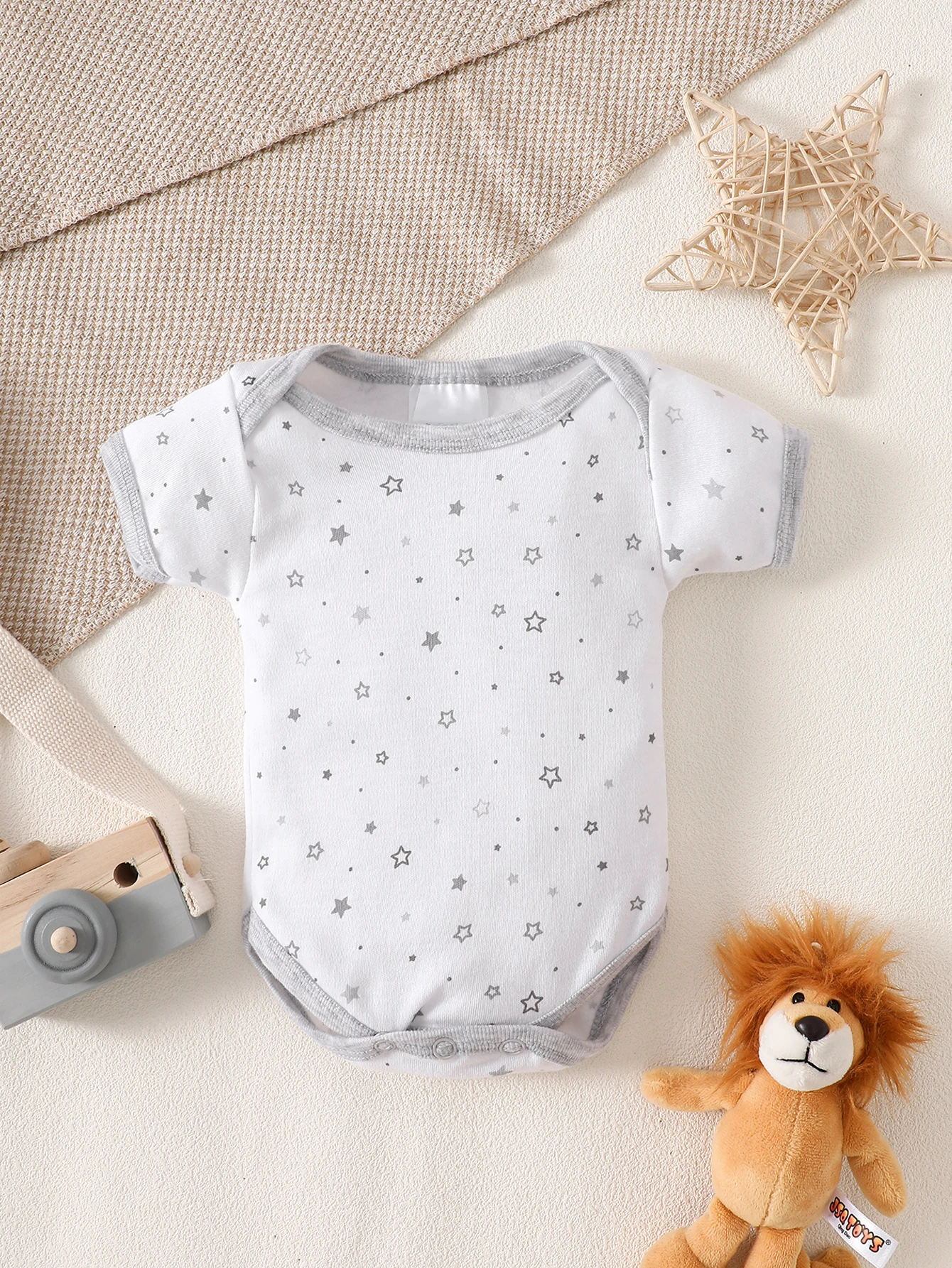 8-Piece Newborn Romper Set | 100% Cotton, Soft & Breathable | Gray Cartoon Star Design | For 0-9 Months Babies