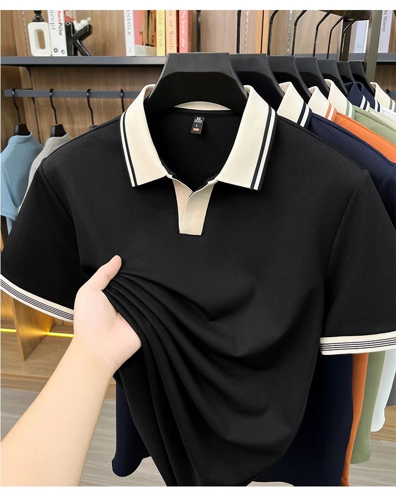 High quality ice silk short sleeve polo shirt summer breathable men new fashion personality color blocked scissors neck T-shirt