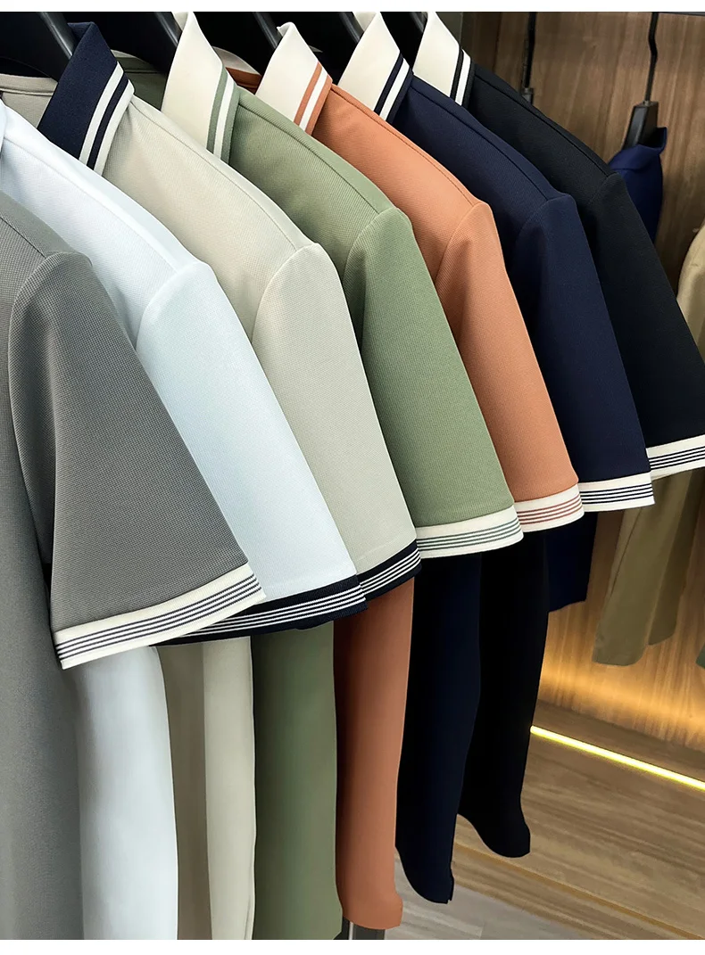 High quality ice silk short sleeve polo shirt summer breathable men new fashion personality color blocked scissors neck T-shirt