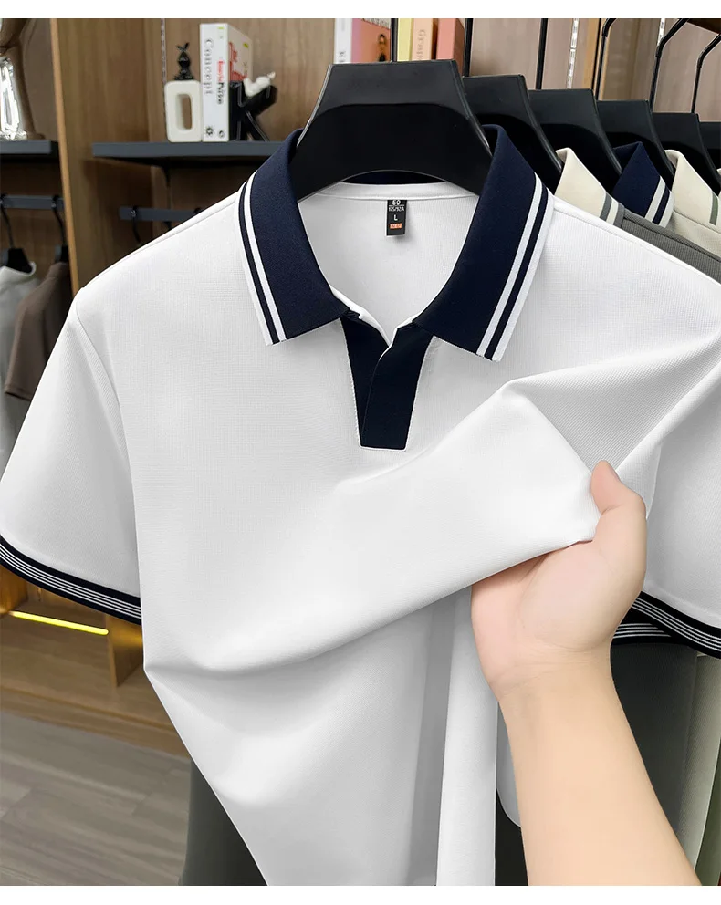 High quality ice silk short sleeve polo shirt summer breathable men new fashion personality color blocked scissors neck T-shirt