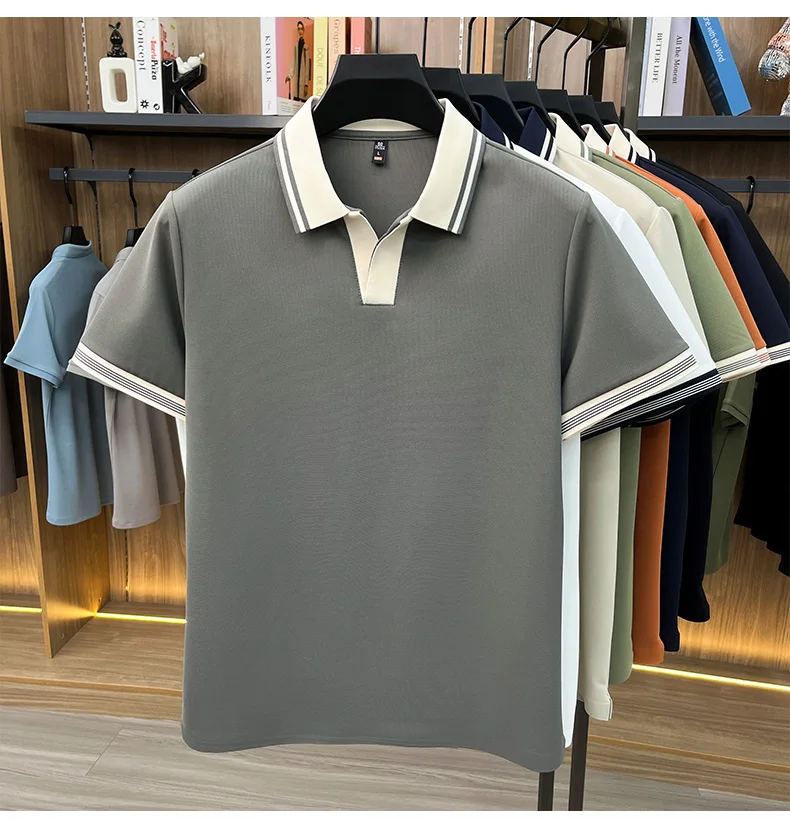 High quality ice silk short sleeve polo shirt summer breathable men new fashion personality color blocked scissors neck T-shirt