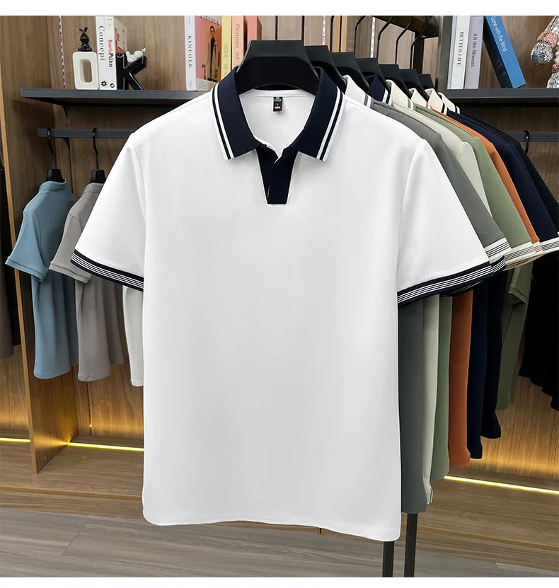High quality ice silk short sleeve polo shirt summer breathable men new fashion personality color blocked scissors neck T-shirt