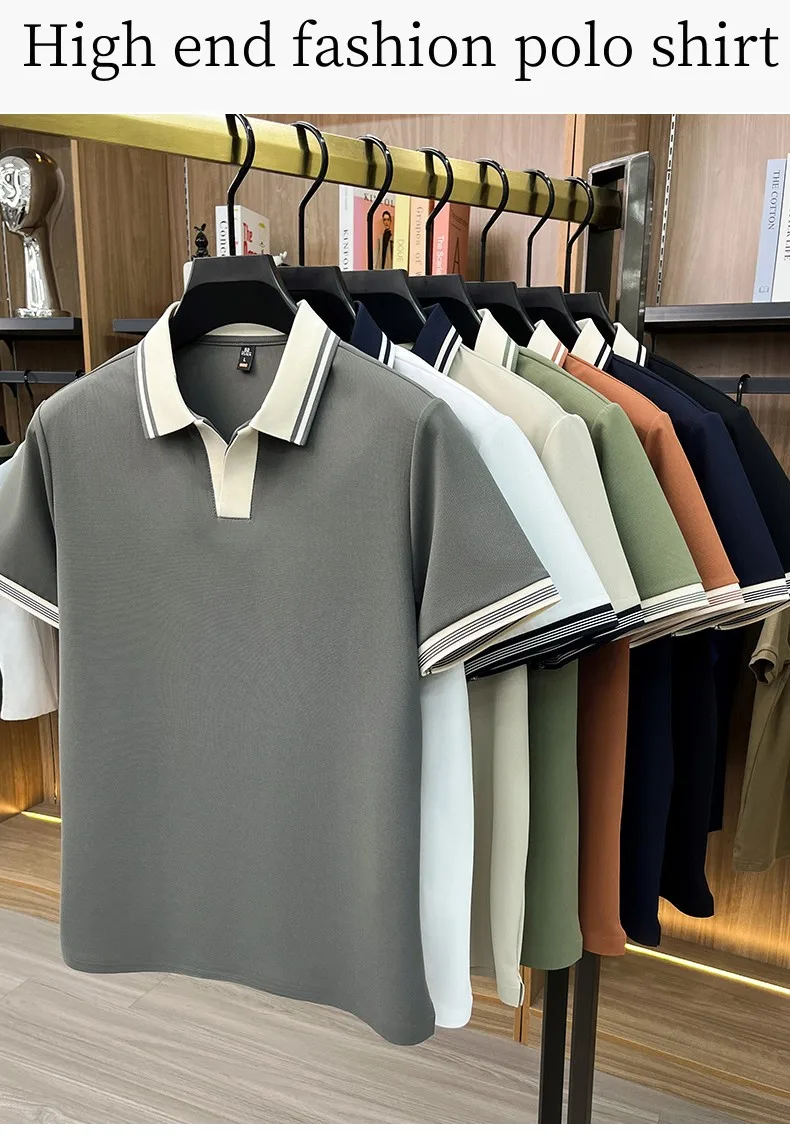 High quality ice silk short sleeve polo shirt summer breathable men new fashion personality color blocked scissors neck T-shirt