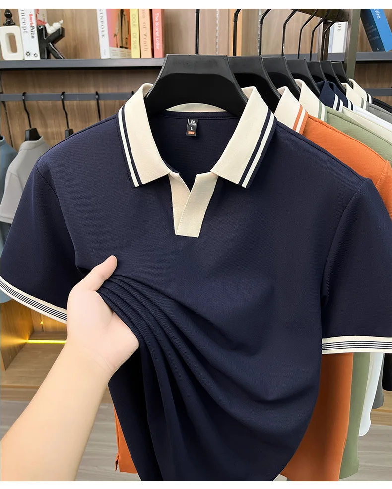 High quality ice silk short sleeve polo shirt summer breathable men new fashion personality color blocked scissors neck T-shirt