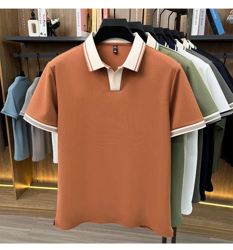 High quality ice silk short sleeve polo shirt summer breathable men new fashion personality color blocked scissors neck T-shirt