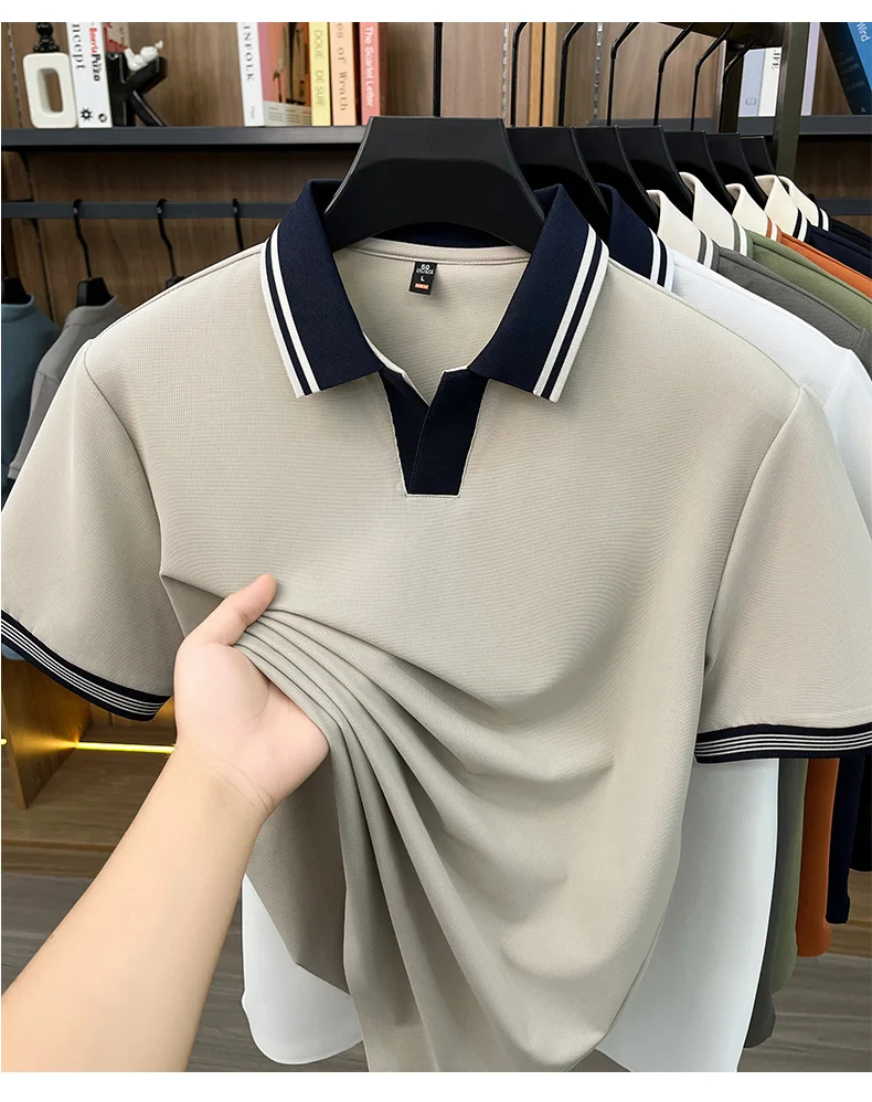 High quality ice silk short sleeve polo shirt summer breathable men new fashion personality color blocked scissors neck T-shirt