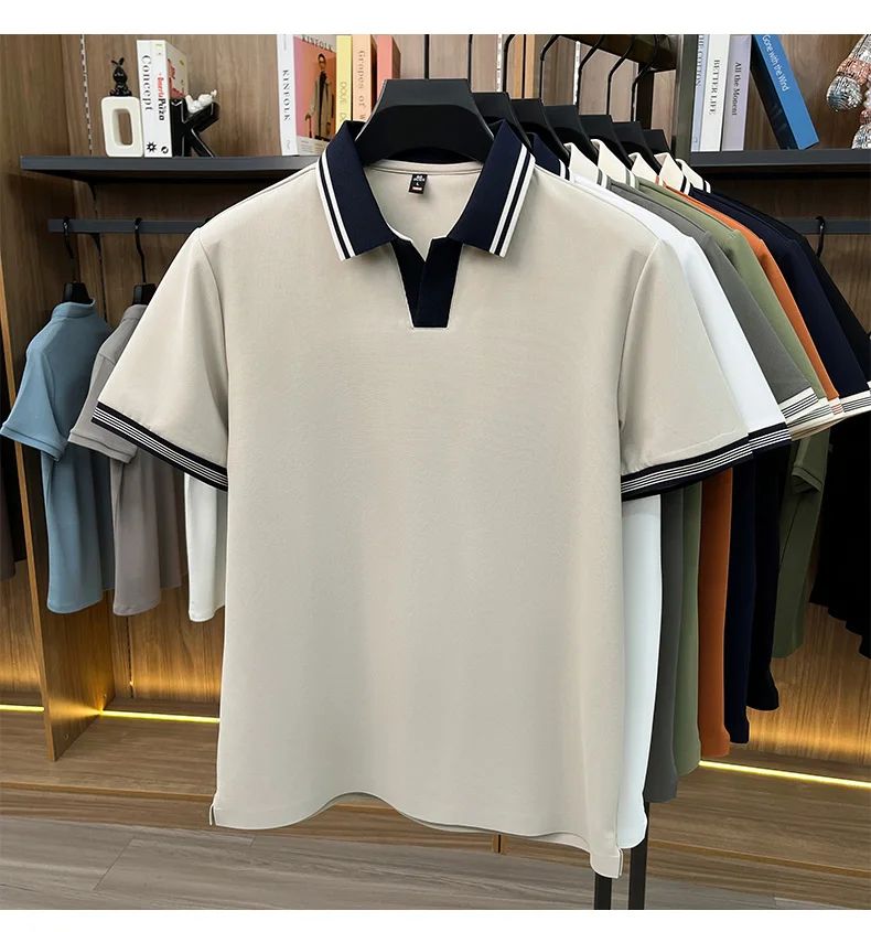 High quality ice silk short sleeve polo shirt summer breathable men new fashion personality color blocked scissors neck T-shirt