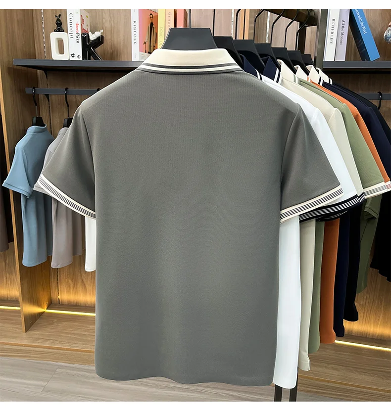 High quality ice silk short sleeve polo shirt summer breathable men new fashion personality color blocked scissors neck T-shirt