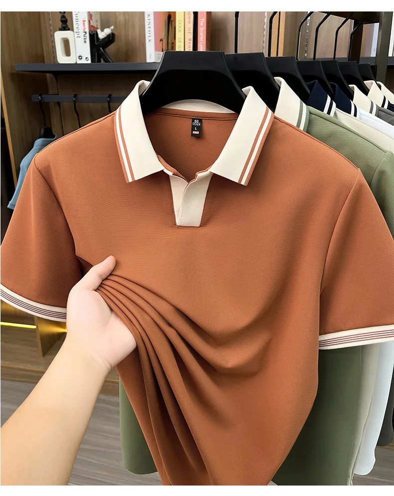 High quality ice silk short sleeve polo shirt summer breathable men new fashion personality color blocked scissors neck T-shirt