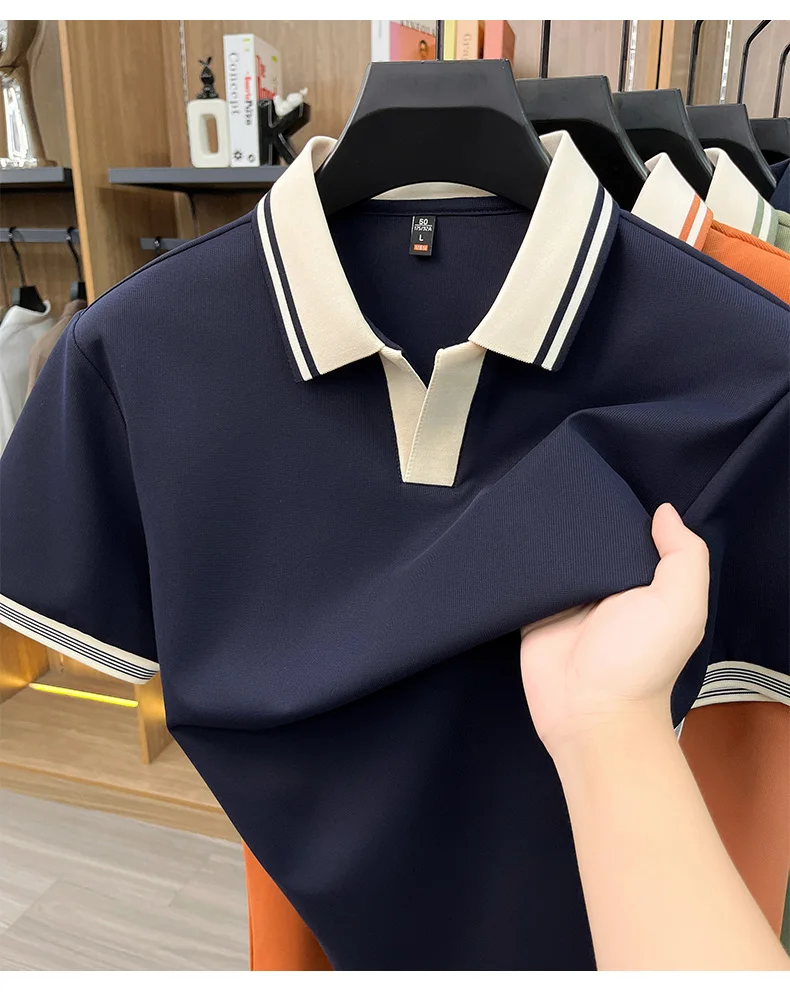High quality ice silk short sleeve polo shirt summer breathable men new fashion personality color blocked scissors neck T-shirt