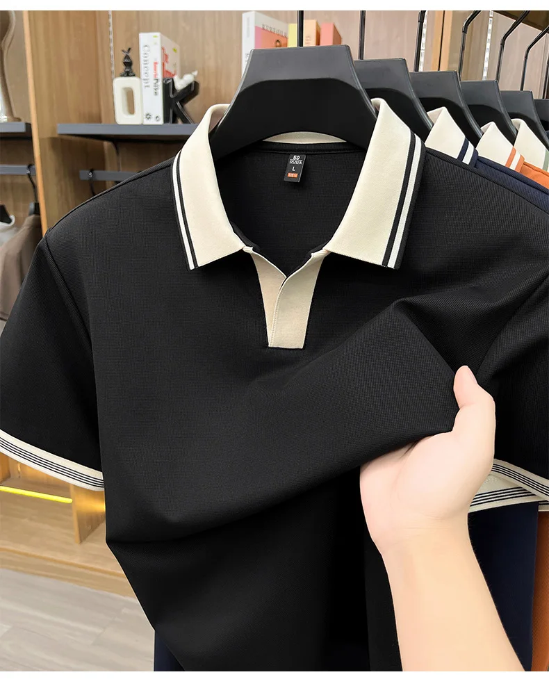 High quality ice silk short sleeve polo shirt summer breathable men new fashion personality color blocked scissors neck T-shirt