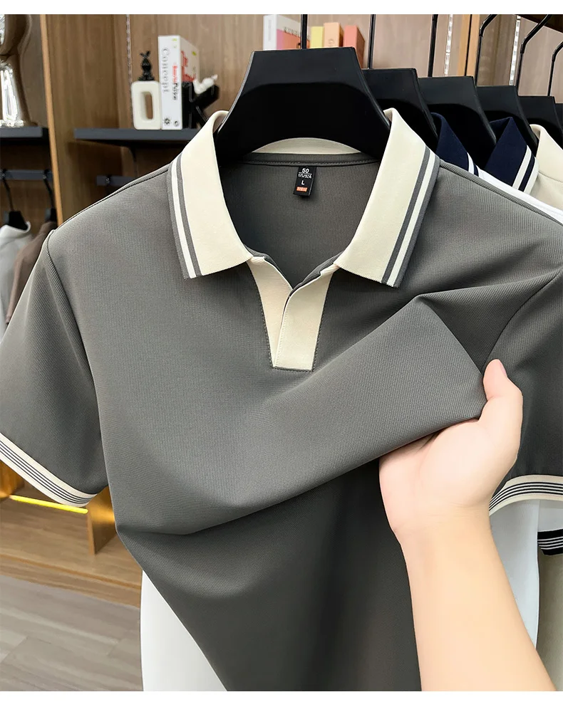High quality ice silk short sleeve polo shirt summer breathable men new fashion personality color blocked scissors neck T-shirt