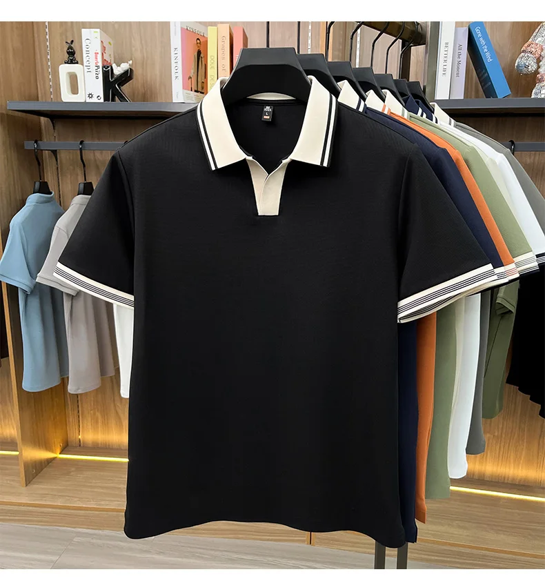 High quality ice silk short sleeve polo shirt summer breathable men new fashion personality color blocked scissors neck T-shirt