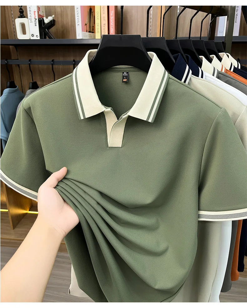 High quality ice silk short sleeve polo shirt summer breathable men new fashion personality color blocked scissors neck T-shirt