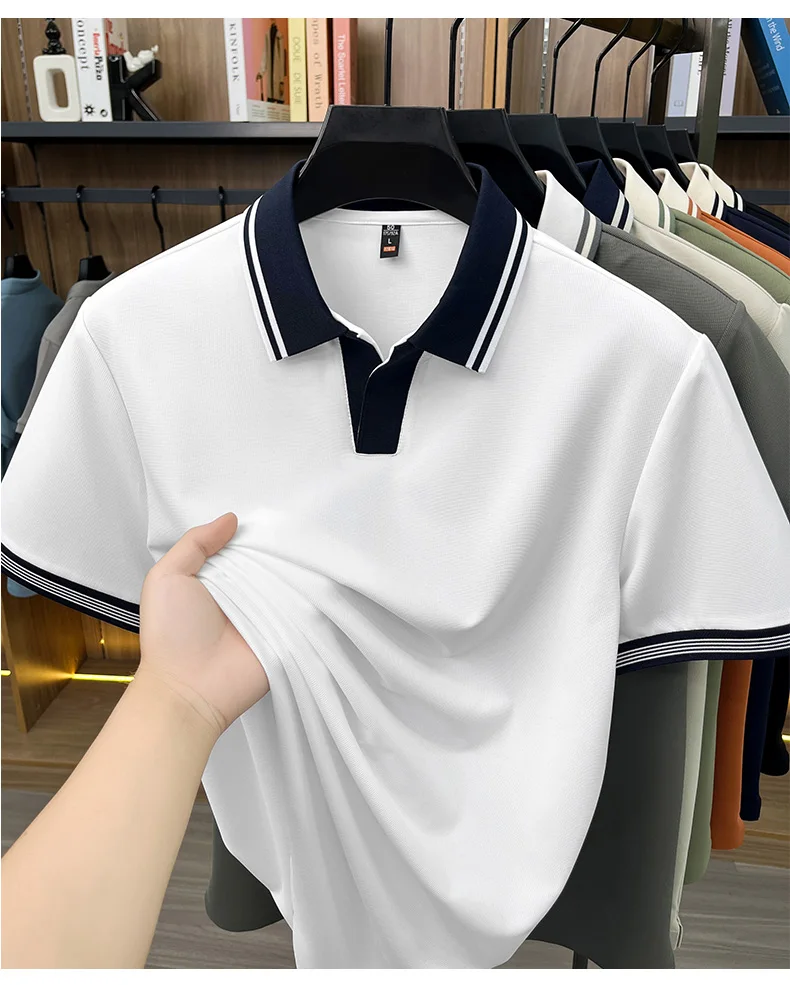 High quality ice silk short sleeve polo shirt summer breathable men new fashion personality color blocked scissors neck T-shirt