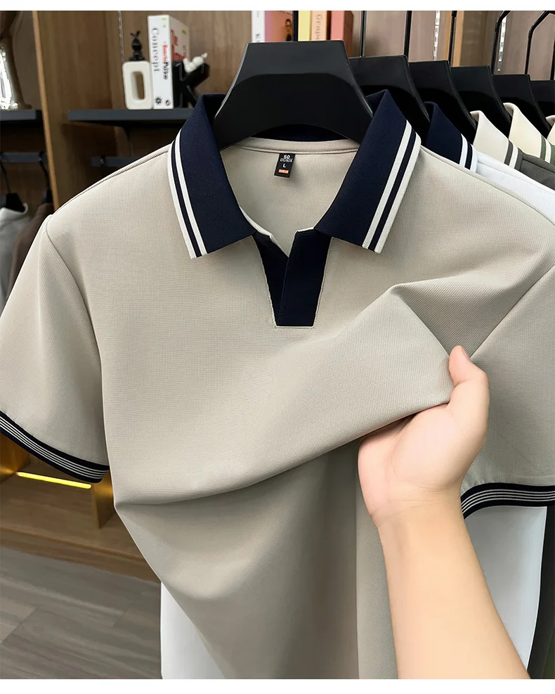 High quality ice silk short sleeve polo shirt summer breathable men new fashion personality color blocked scissors neck T-shirt