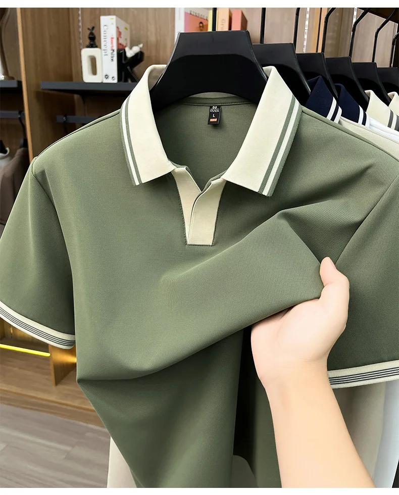 High quality ice silk short sleeve polo shirt summer breathable men new fashion personality color blocked scissors neck T-shirt