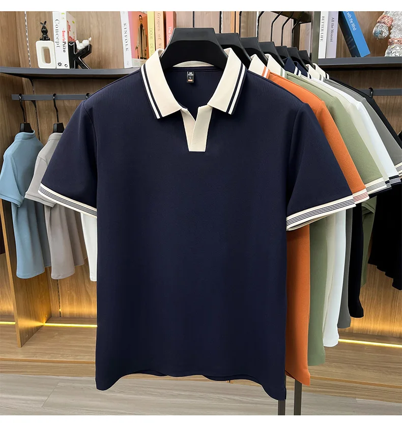 High quality ice silk short sleeve polo shirt summer breathable men new fashion personality color blocked scissors neck T-shirt