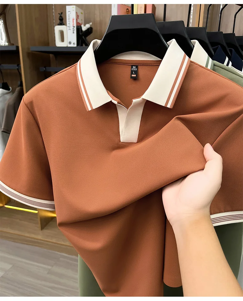 High quality ice silk short sleeve polo shirt summer breathable men new fashion personality color blocked scissors neck T-shirt