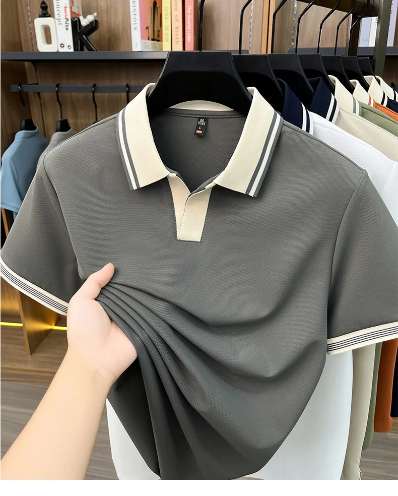High quality ice silk short sleeve polo shirt summer breathable men new fashion personality color blocked scissors neck T-shirt