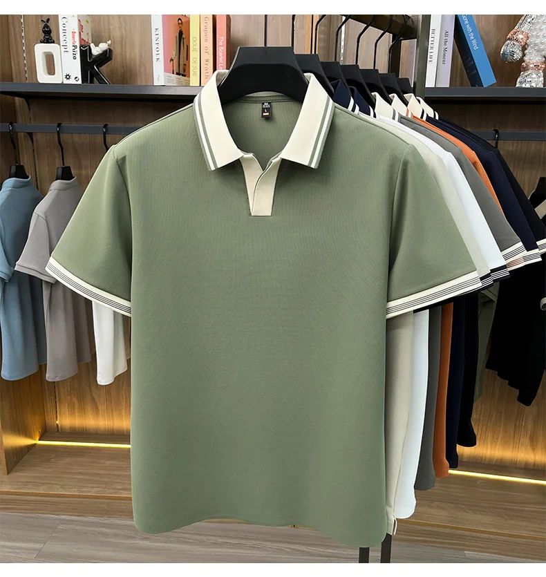 High quality ice silk short sleeve polo shirt summer breathable men new fashion personality color blocked scissors neck T-shirt